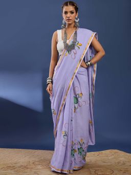 Lush Glam - Lavender Hand Painted Floral Saree With unstiched blouse