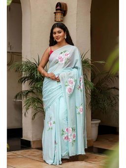 Lush Glam - Blue Hand Painted Floral Saree With unstiched blouse