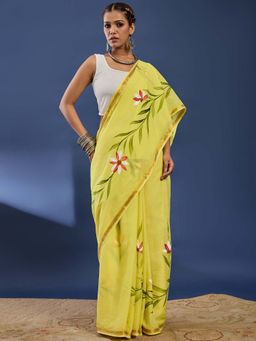 Lush Glam - Yellow Hand Painted Floral Saree With unstiched blouse
