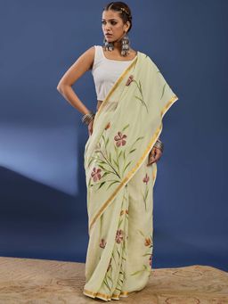 Lush Glam - Green Hand Painted Floral Saree With unstiched blouse