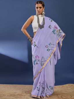Lush Glam - Lavender Hand Painted Floral Saree With unstiched blouse