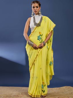 Lush Glam - Yellow Hand Painted Floral Saree With unstiched blouse