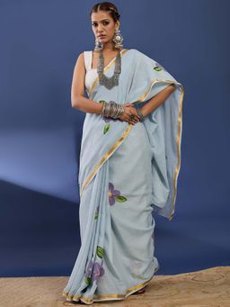 Lush Glam - Grey Hand Painted Floral Saree With unstiched blouse