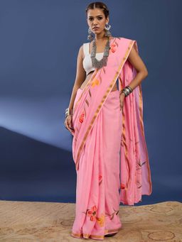 Lush Glam - Pink Hand Painted Floral Saree With unstiched blouse