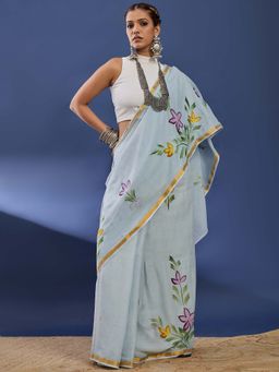 Lush Glam - Grey Hand Painted Floral Saree With unstiched blouse