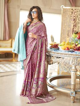 Elora - Twilight Lavender Floral Foil Work Banarasi Saree with Unstitched Blouse