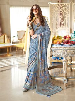 Elora - Slate Blue Floral Foil Work Fancy Banarasi Saree with Unstitched Blouse