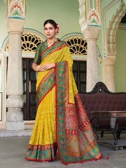 Elora - Yellow Lucknowi Chikankari Work Fusion Pashmina Saree with Unstitched Blouse