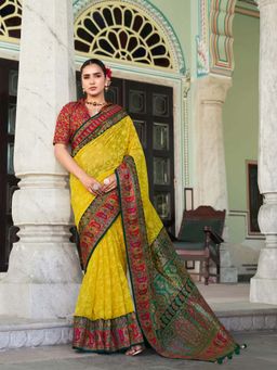 Elora - Yellow Lucknowi Chikankari Work Fusion Pashmina Saree with Unstitched Blouse