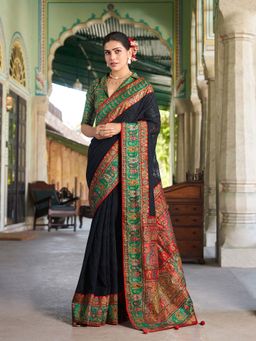 Elora - Black Lucknowi Chikankari Work Fusion Pashmina Saree with Unstitched Blouse