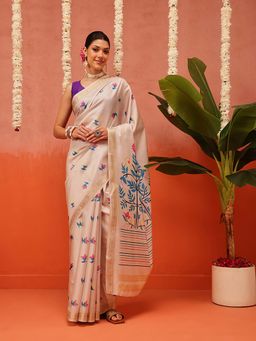Silk Land - Beige Floral Printed Soft Silk Saree with Unstitched Blouse