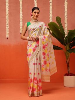 Silk Land - Beige Floral Printed Soft Silk Saree with Unstitched Blouse