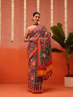 Silk Land - Multi-Color Rajkoti Double Ikat Patola Soft Silk Saree with Unstitched Blouse