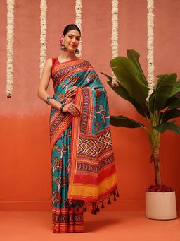 Silk Land - Teal Hyderabadi Double Ikat Patola Soft Silk Saree with Unstitched Blouse