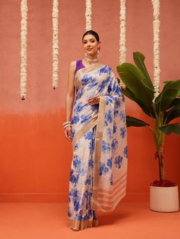 Silk Land - Beige Banarasi Kotha Digital Floral Printed Saree with Unstitched Blouse