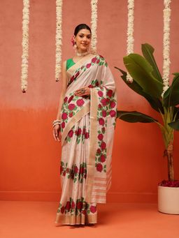 Silk Land - Beige Banarasi Kotha Digital Floral Printed Saree with Unstitched Blouse