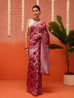 Silk Land - Cotton Maroon Jamdani Saree with Unstitched Blouse