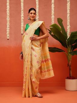 Silk Land - Cotton Cream Jamdani Saree with Unstitched Blouse
