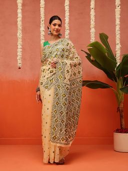 Silk Land - Beige Geometric Cotton Jamdani Saree with Unstitched Blouse