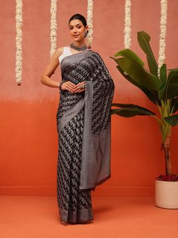 Silk Land - Black Dhakai Cotton Floral Jamdani Saree with Unstitched Blouse