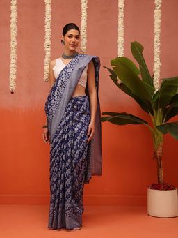Silk Land - Navy Blue Dhakai Cotton Jamdani Saree with Unstitched Blouse