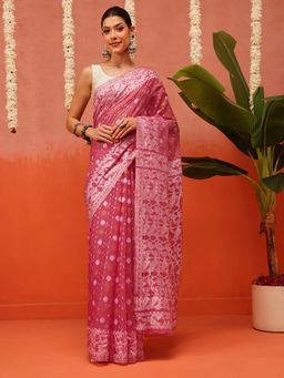 Silk Land - Pink Dhakai Cotton Jamdani Saree with Unstitched Blouse