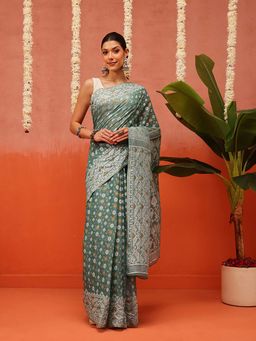 Silk Land - Teal Dhakai Cotton Jamdani Saree with Unstitched Blouse