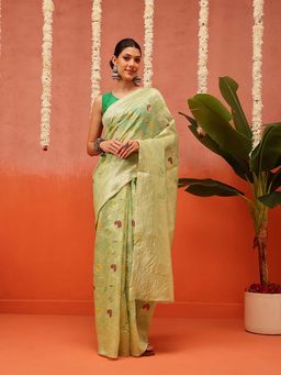 Silk Land - Green Dhakai Cotton Jamdani Saree with Unstitched Blouse