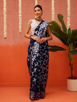 Silk Land - Navy Blue Dhakai Cotton Jamdani Saree with Unstitched Blouse