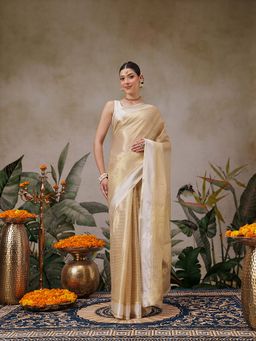 Silk Land - Beige Onam Special Muga Checks Silk Saree with Unstitched Blouse