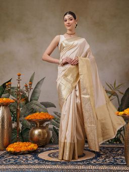 Silk Land - Beige Onam Special Solid Silk Zari Woven Saree with Unstitched Blouse