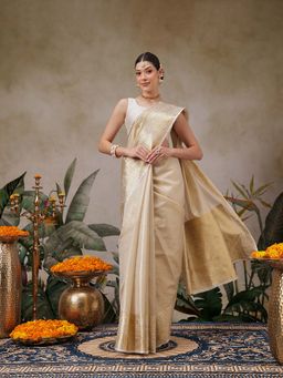 Silk Land - Beige Onam Special Tissue Silk Solid Woven Saree with Unstitched Blouse