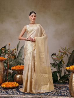 Silk Land - Beige Onam Special Tissue Silk Solid Woven Saree with Unstitched Blouse
