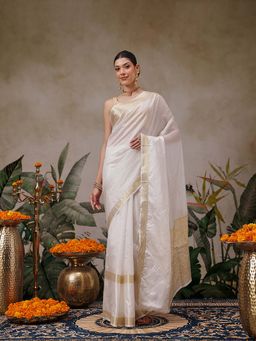Silk Land - Onam Special Off White Zari Woven Saree with Unstitched Blouse