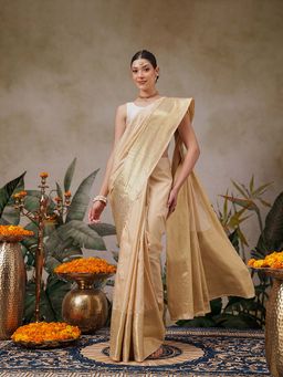 Silk Land - Beige Onam Special Solid Saree with Unstitched Blouse