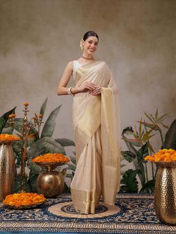 Silk Land - Beige Onam Special Solid Saree with Unstitched Blouse