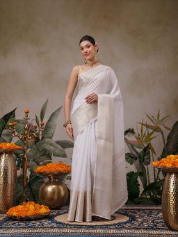 Silk Land - Onam Special Off White Zari Woven Saree with Unstitched Blouse