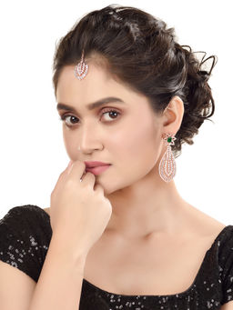Saraf RS Jewellery - Rose Gold Plated Green Ad Studded Leaf Design Mangtika & Earring (Set Of 2)