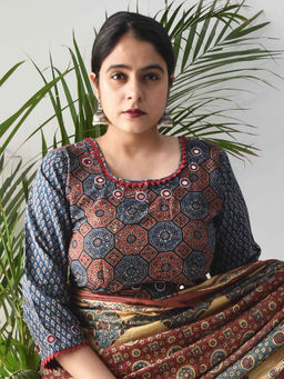 Sundarii - Ajrakh Hand Block Kutch Mirror Work Stitched Blouse