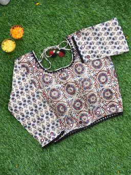 Sundarii - White Ajrakh Hand Block Kutch Mirror Work Stitched Blouse