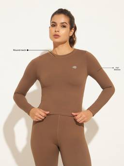 CLOTHWIK - Khaki Women Solid Full Sleeve Crop T-Shirt