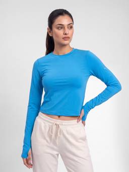 Fitkin - Women's Neon Blue Anti-Uv Full-Sleeve Thumbholes and Stretch Fit Crop T-Shirt