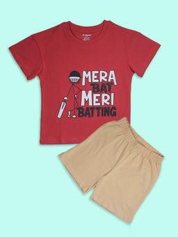 Be Awara - Boys Brown Printed T-shirt with Shorts