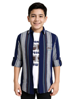 CAVIO - Boys Navy Blue Stripes Shirt with T-shirt
