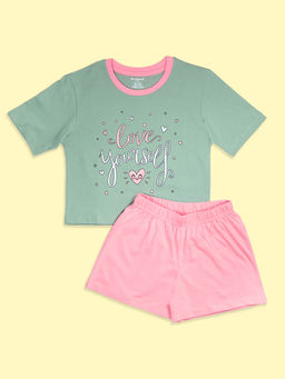 Be Awara - Girls Green Printed T-shirt with Shorts