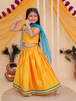 The Mom Store - Girls Yellow Printed Top with Lehenga and Dupatta