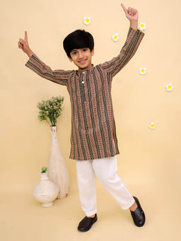 The Mom Store - Boys Beige Stripes Kurta with Pyjama