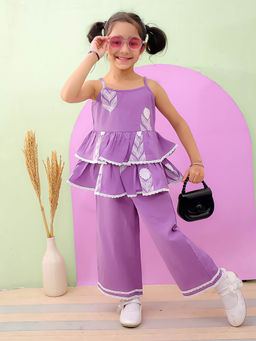 The Mom Store - Girls Purple Printed Kurta with Pant