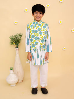 The Mom Store - Boys White Printed Kurta with Pant and Jacket