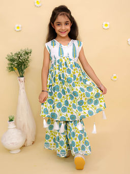 The Mom Store - Girls Green Printed Kurta with Sharara
